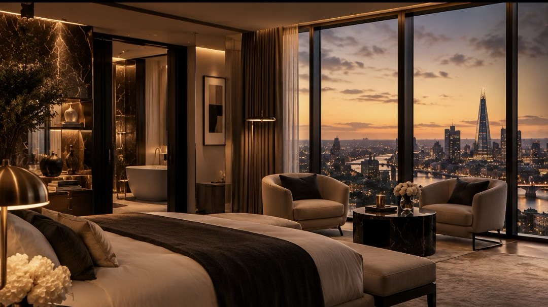 Luxury hotel suite, London skyline view, Prusane Hotels & Resorts