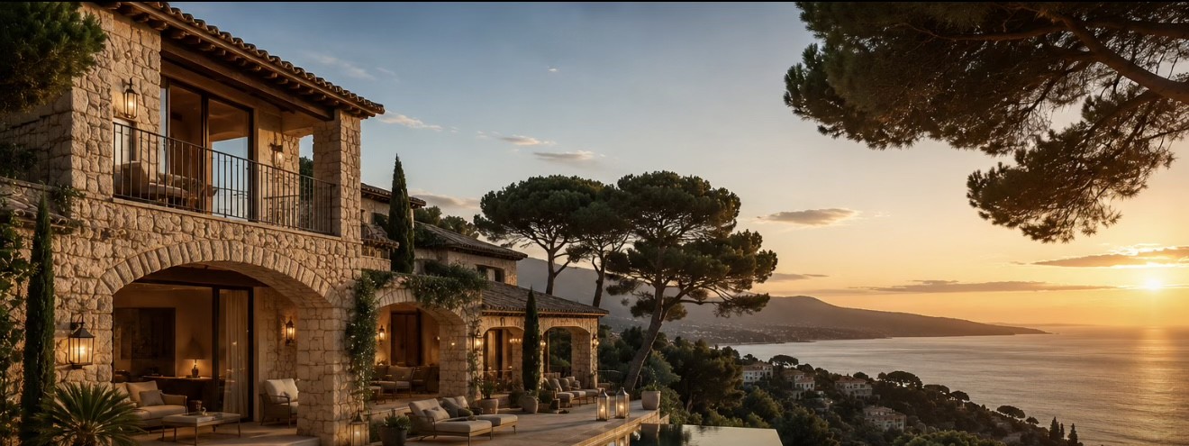 Luxury villa, coastal terrace at sunset, Prusane Villas & Homes